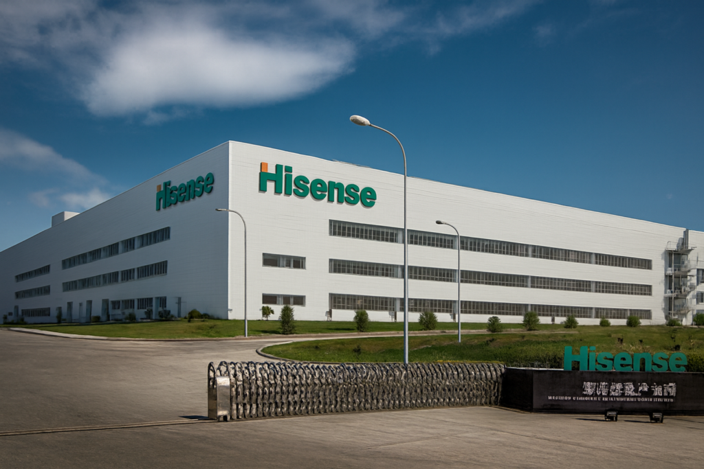 Instalação industrial da Hisense com fachada branca, portão metálico retrátil e placa com texto em chinês.