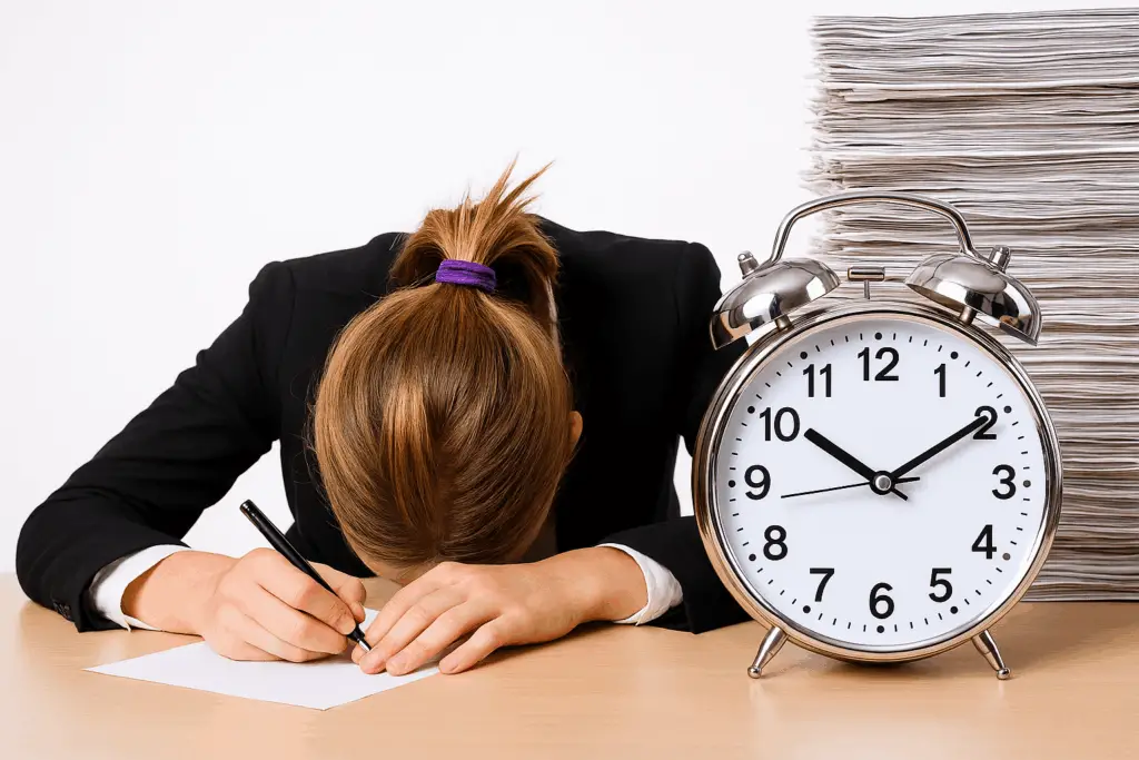 mulher cansada e sentada em uma mesa e despertador ao lado