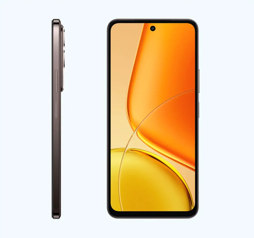 Smartphone JOVI Y29 visto de frente e de lado, com tela vibrante em tons de laranja e amarelo e design fino e moderno.