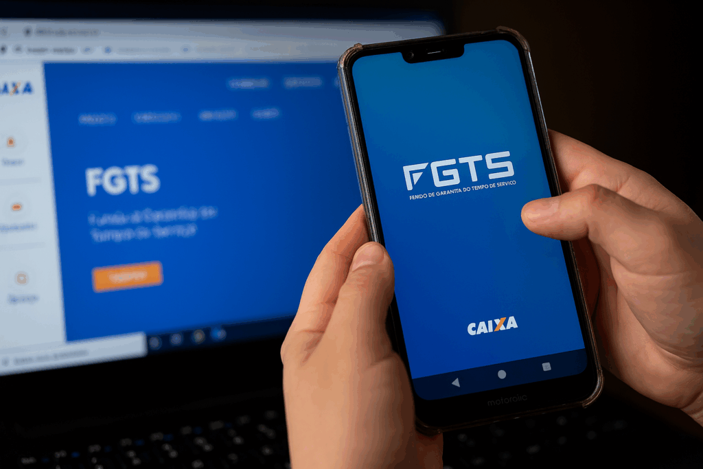 Pessoa segurando smartphone com aplicativo FGTS aberto, com tela de computador desfocada ao fundo.