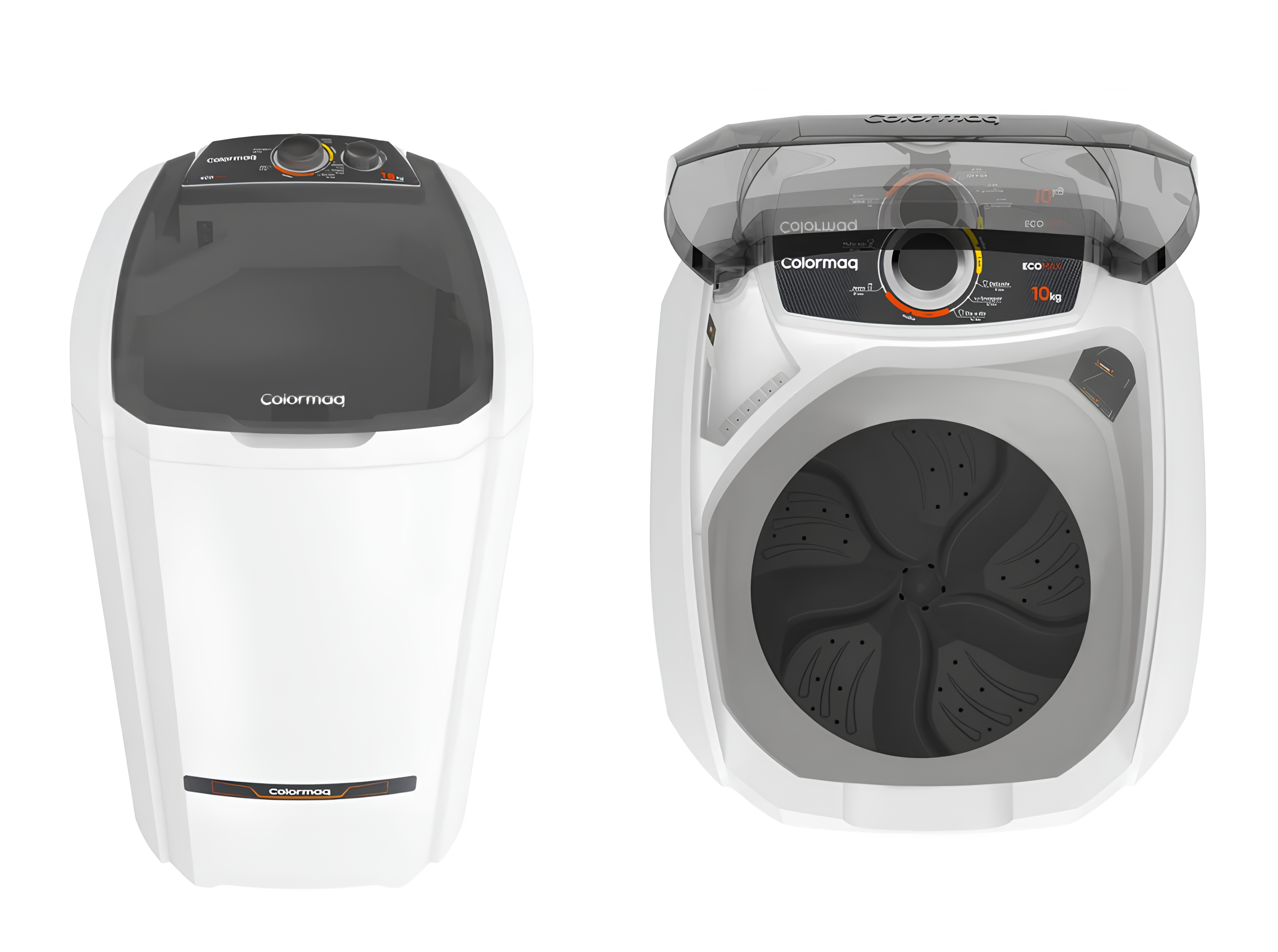tanquinho Colormaq branco com tampa preta, vista frontal e superior em fundo branco.
