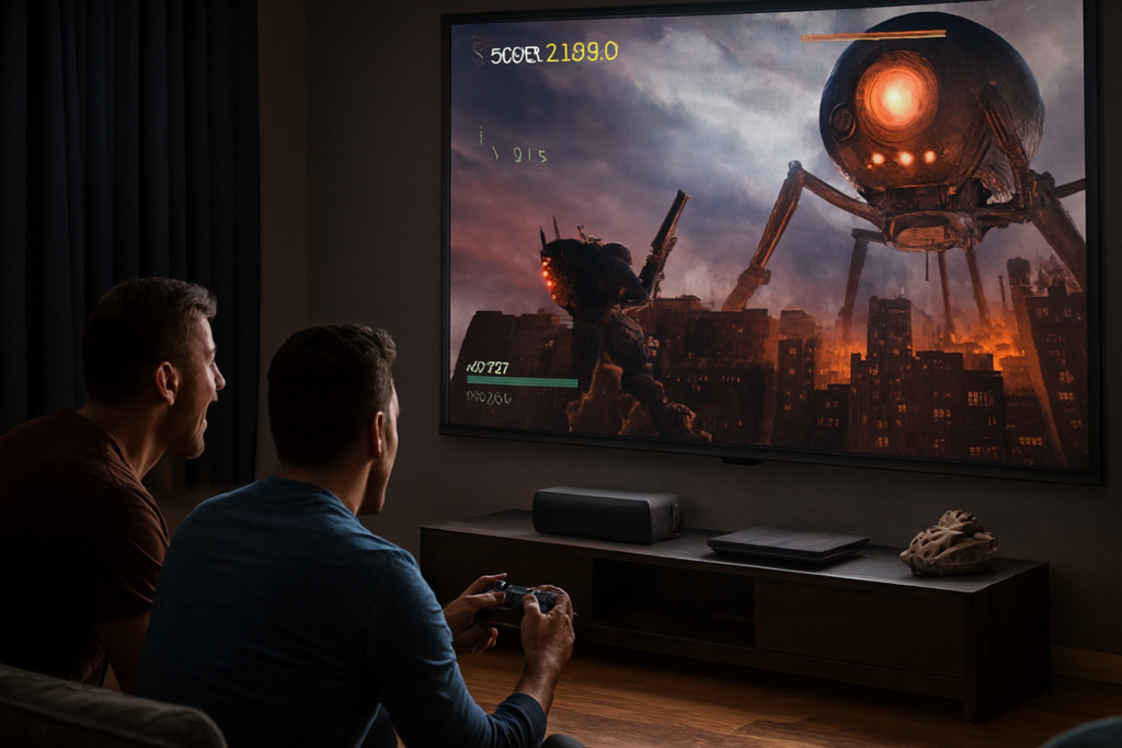 Duas pessoas sentadas em um sofá confortável, concentradas em um videogame. Uma delas segura um controle, enquanto a outra observa com entusiasmo.