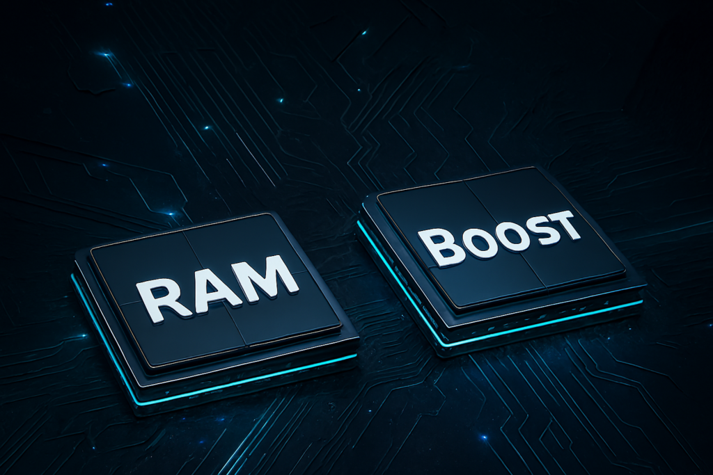 A imagem apresenta dois chips de memória RAM de 8GB montados sobre uma placa de circuito com visual futurista. 