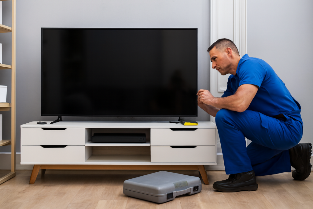 Técnico ajoelhado instala TV moderna em sala clara com caixa de ferramentas no chão.