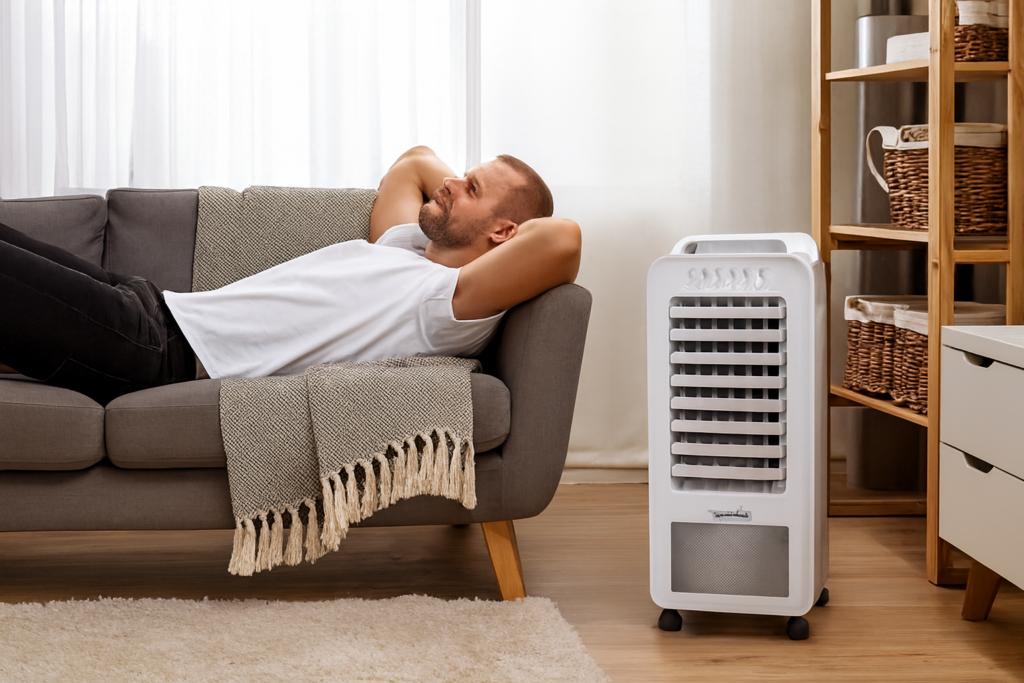 rapaz deitado no sofá e o climatizador ao lado