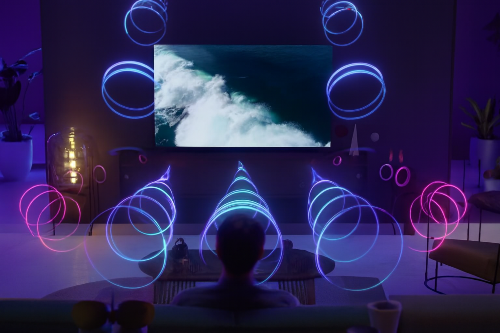 Ambiente moderno com áudio Dolby Atmos espacial e imagem vibrante, criando uma experiência de entretenimento envolvente e sensorial.
