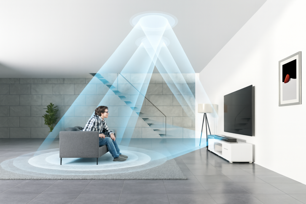 Sala moderna com design minimalista, onde feixes de som azuis emanam do Soundbar ao teto em direção ao espectador, criando uma experiência de áudio imersiva e direcionada.