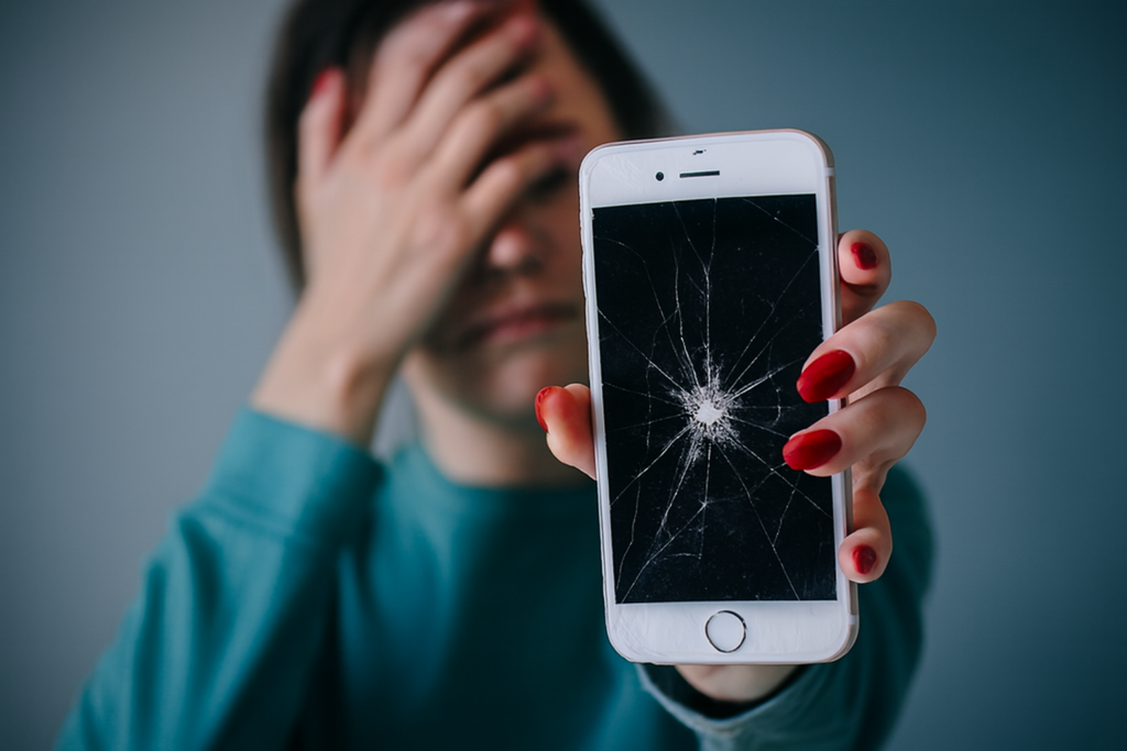 Mulher frustrada segura um celular com a tela trincada, em destaque contra fundo azul suave.