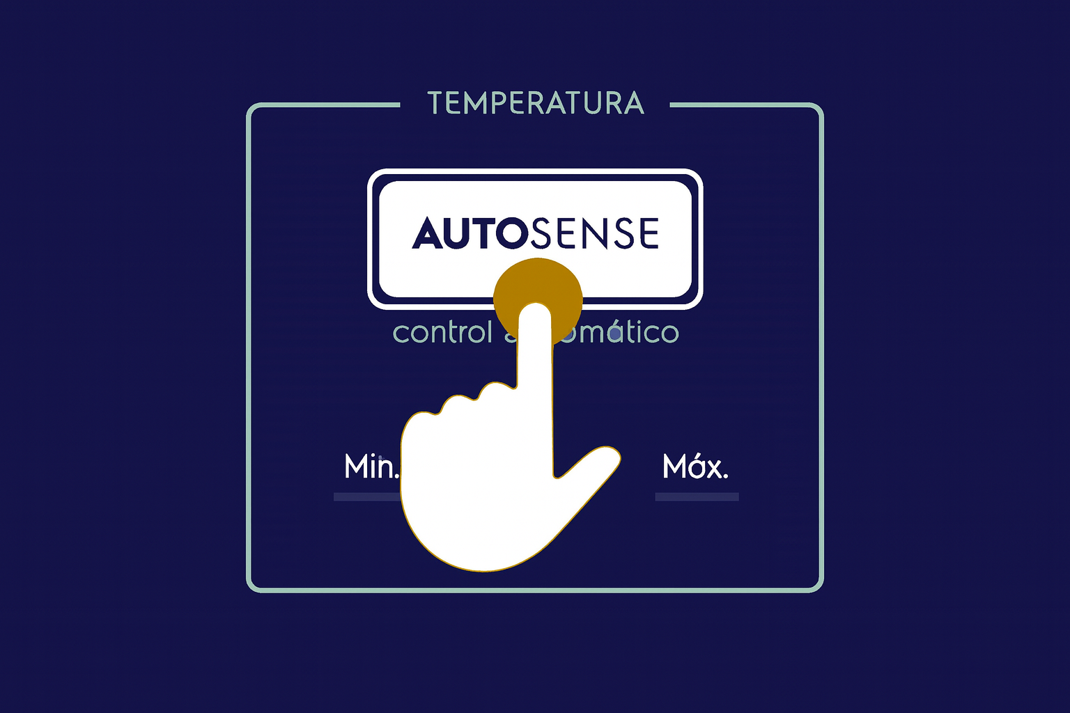 Interface horizontal com fundo azul escuro, botão central AUTOSENSE electrolux, com escala de temperatura entre "Mín." e "Máx.".