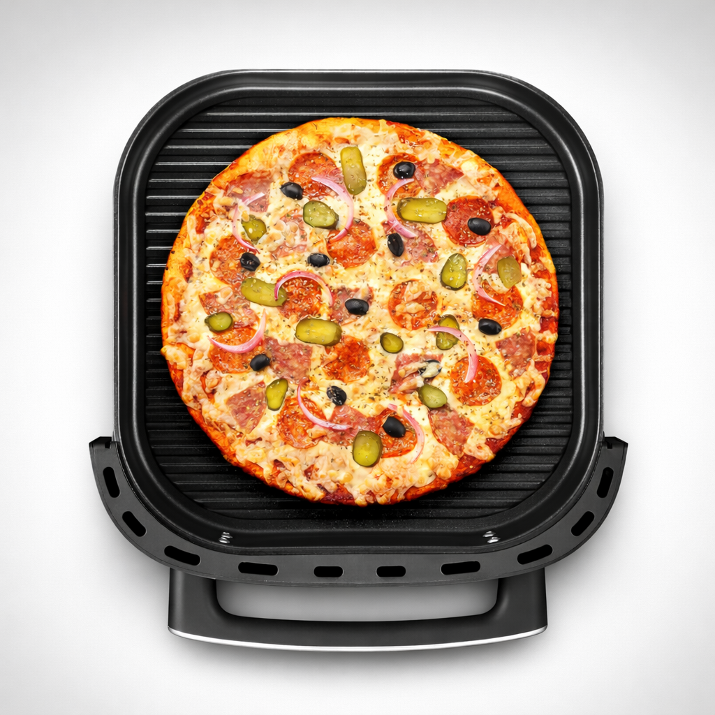 pizza inteira assada dentro da air fryer dual grill fischer visto de cima.