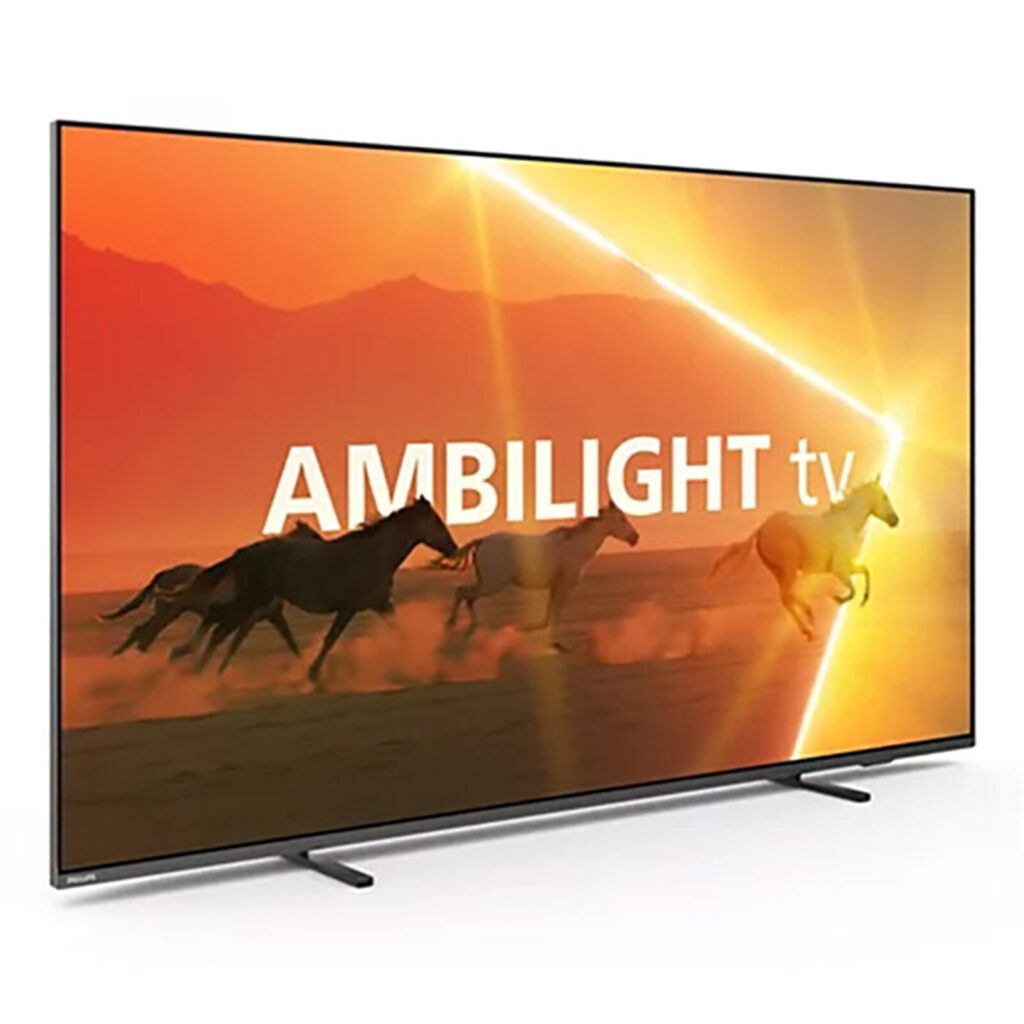 Smart TV Philips Ambilight The Xtra  Mini LED ligada e na tela aparece escrito AMBILIGHT tv e a imagem de quatro cavalos galopando