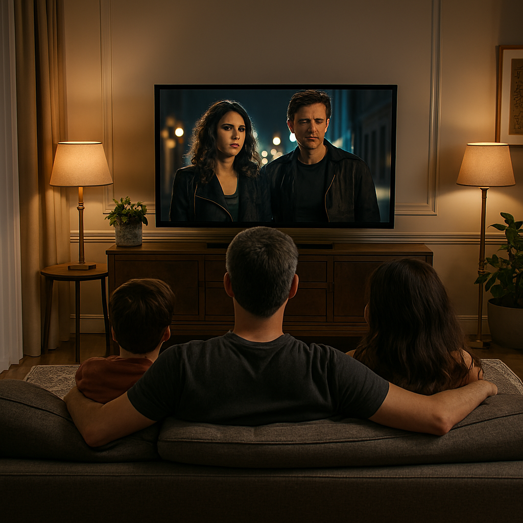 Família sentada no sofá elegante assiste junta a uma série na TV, em ambiente acolhedor e bem decorado.