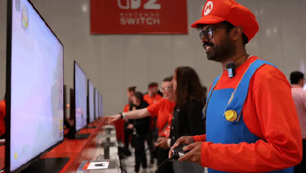 homem vestido de super mario jogando Nintendo Switch 2