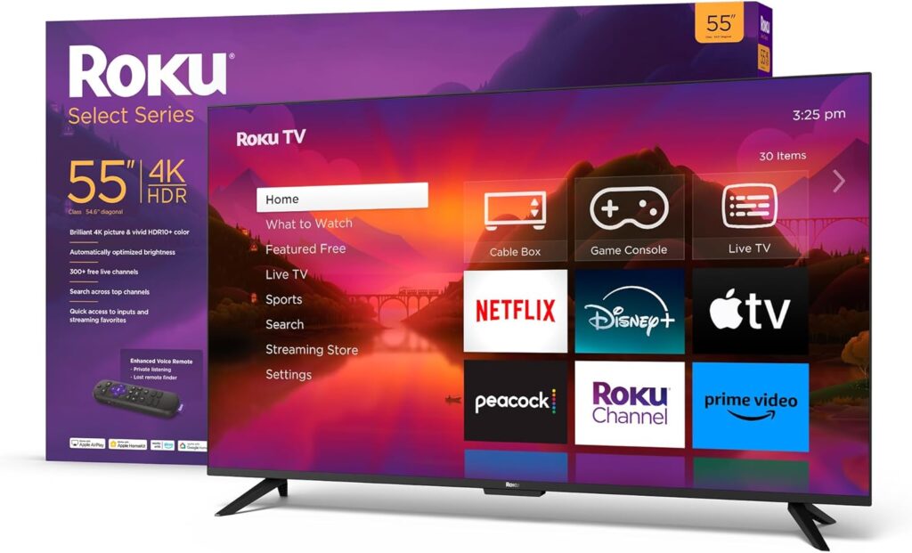 TV Roku Select Series exibindo interface com apps de streaming e embalagem destacando recursos como 4K HDR e controle por voz.