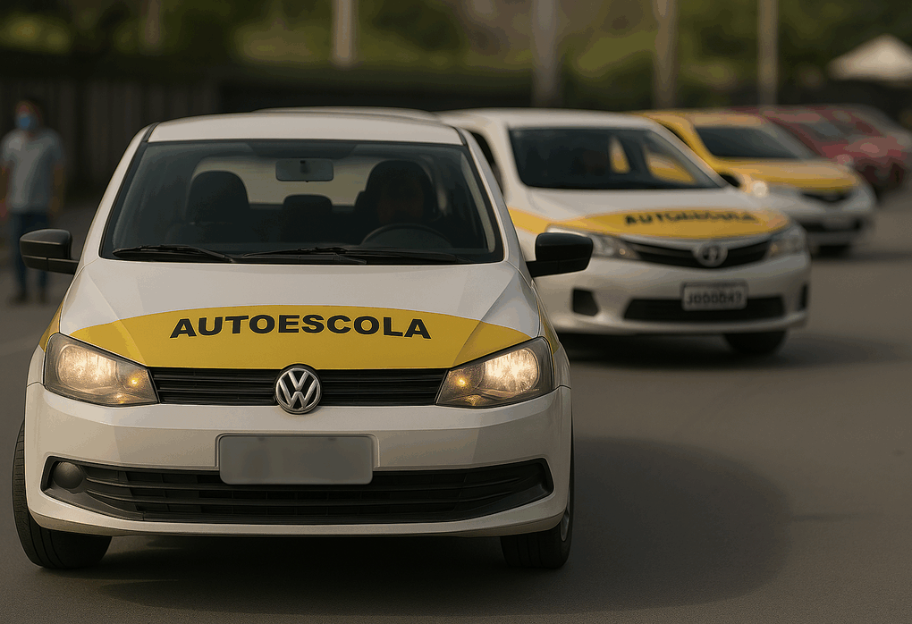 Fila de carros de autoescola em uma rua, com destaque para um Volkswagen branco com placa desfocada.