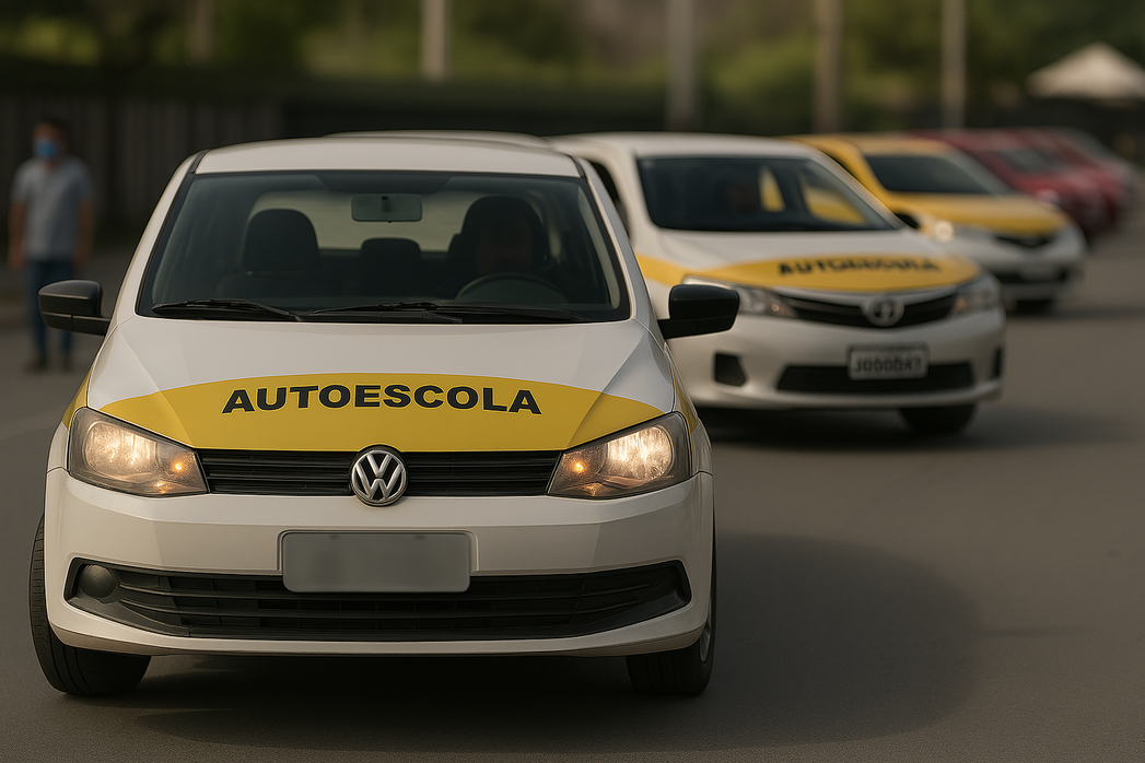 Fila de carros de autoescola em uma rua, com destaque para um Volkswagen branco com placa desfocada.