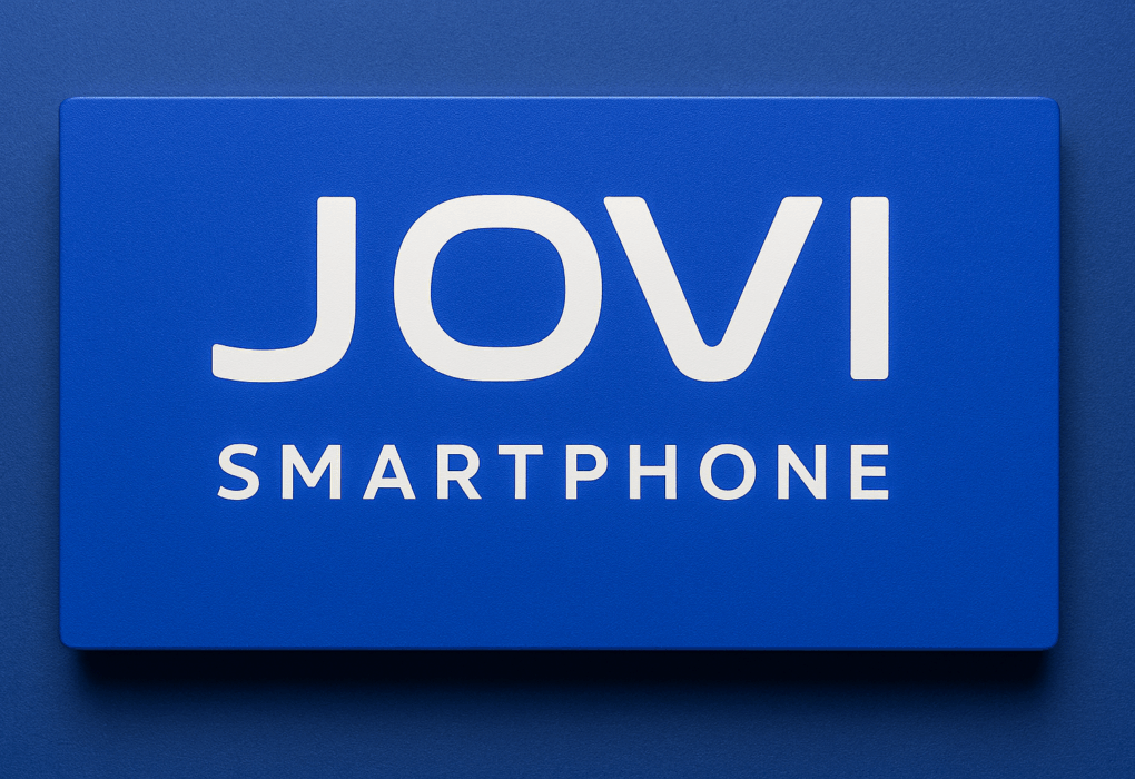 Logo da marca JOVI Smartphone sobre fundo azul vibrante