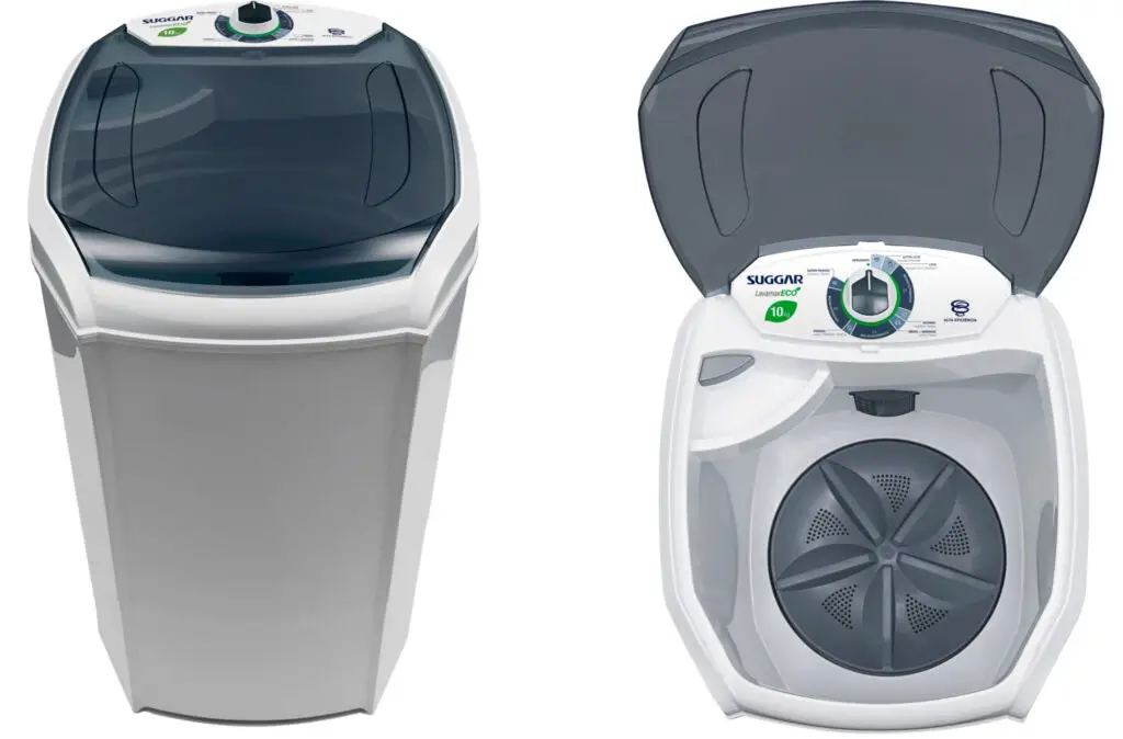 tanquinho Suggar branco com tampa preta, vista frontal e superior em fundo branco.