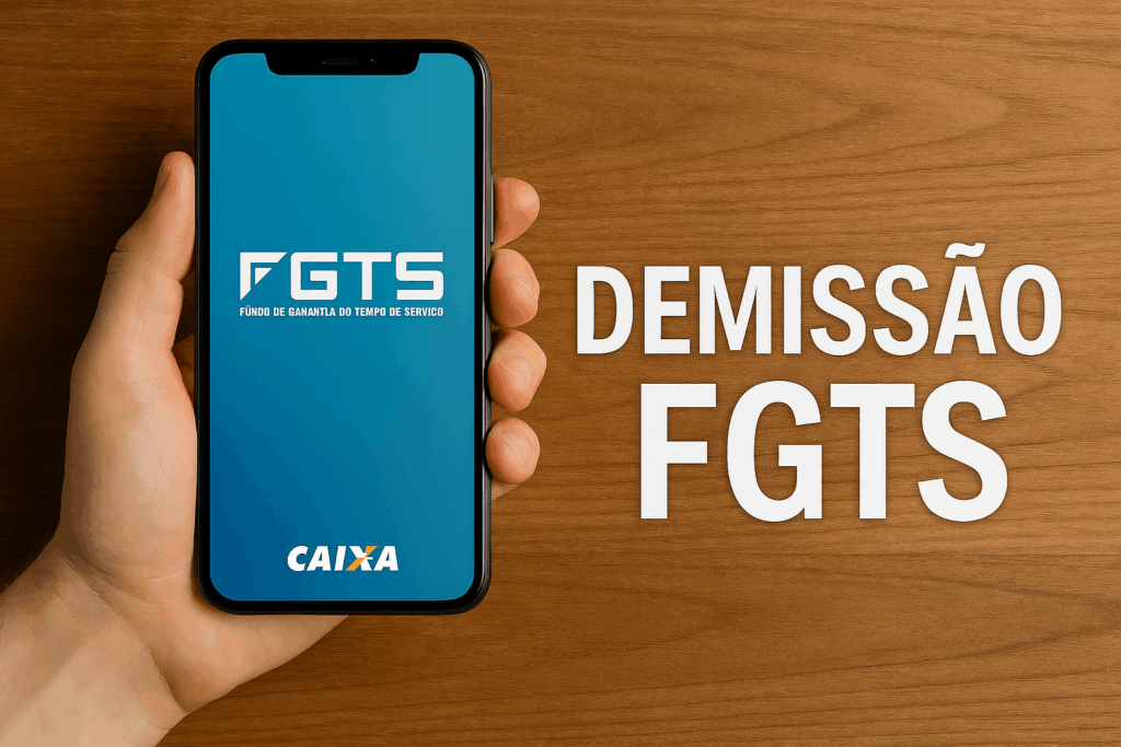 mao segurando celular na tela FGTS e caixa e ao lado escrito " demiss&atilde;o FGTS"