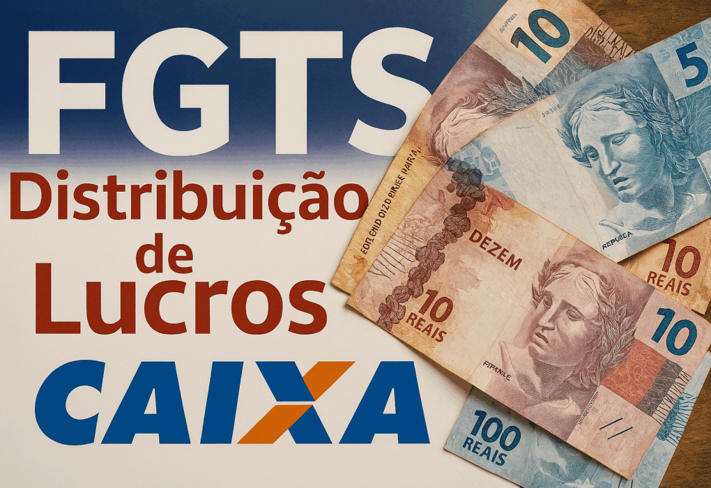 Imagem sobre a distribuição de lucros do FGTS com cédulas brasileiras e logo da Caixa.