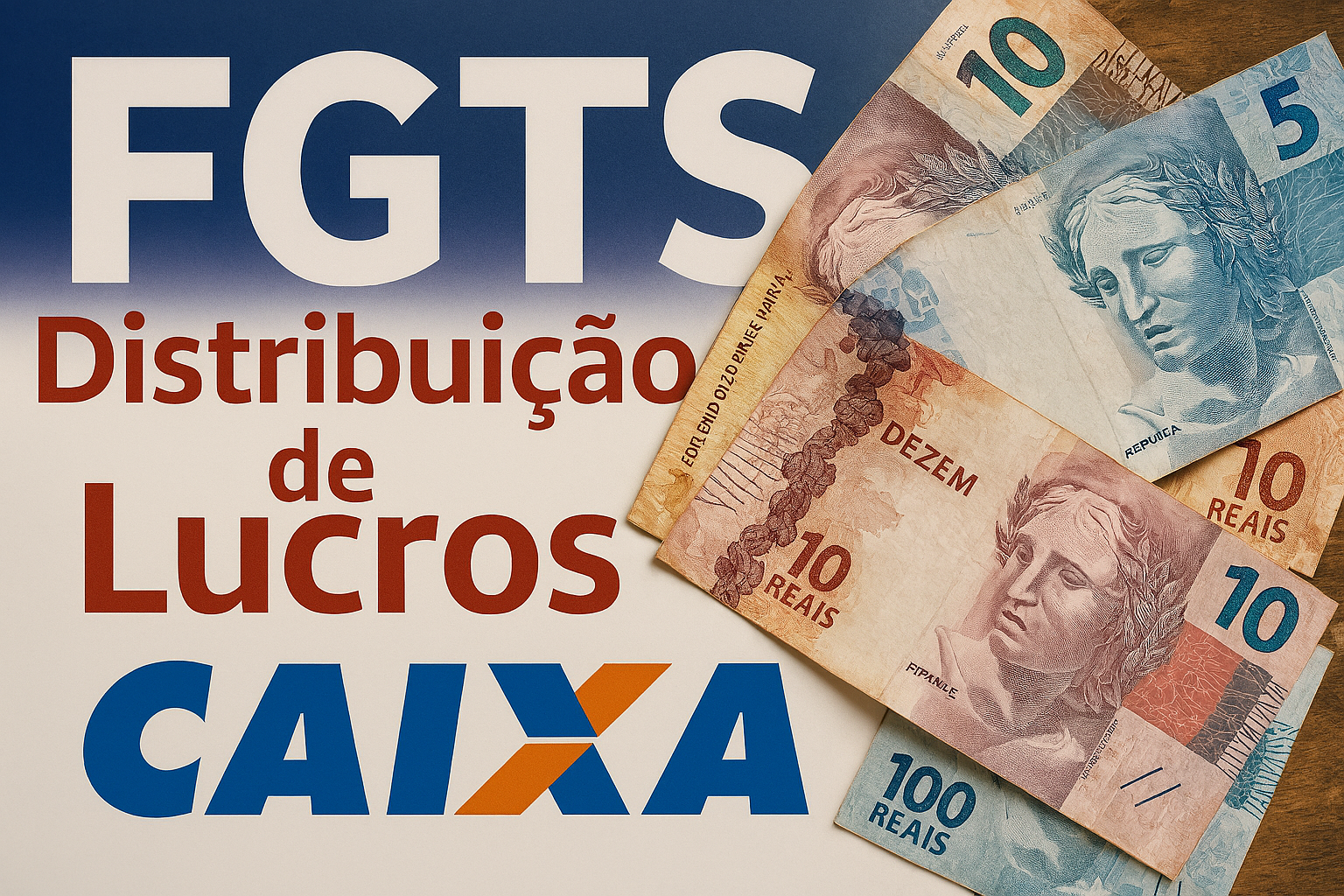 Imagem sobre a distribuição de lucros do FGTS com cédulas brasileiras e logo da Caixa.