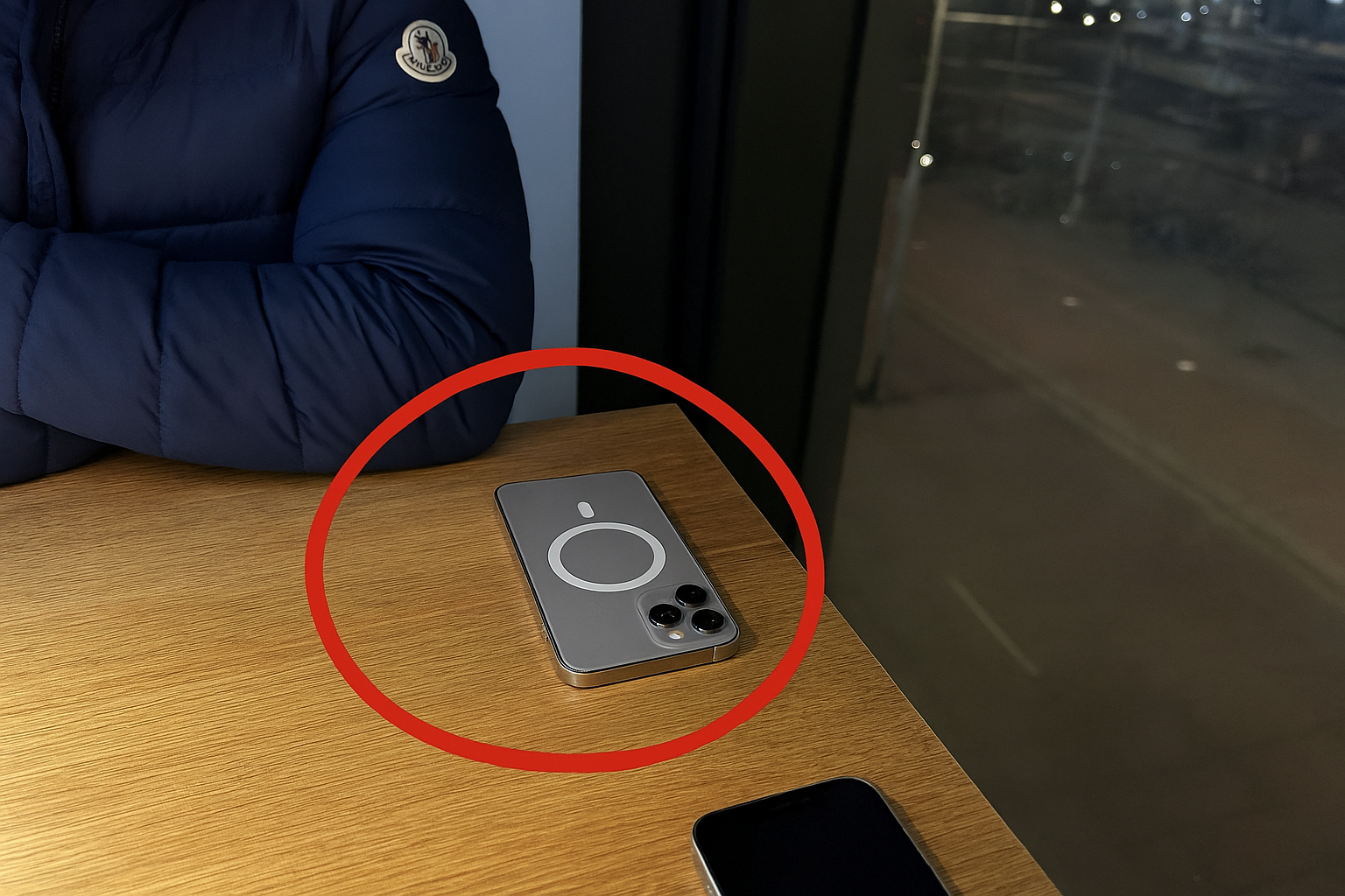 iPhone com MagSafe virado para baixo sobre uma mesa de madeira, destacado por um círculo vermelho.