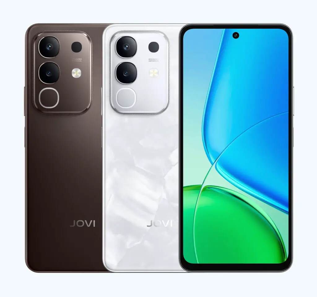 Smartphones JOVI Y29 em exibição hiper-realista, destacando design frontal e traseiro com módulo de câmera avançado.