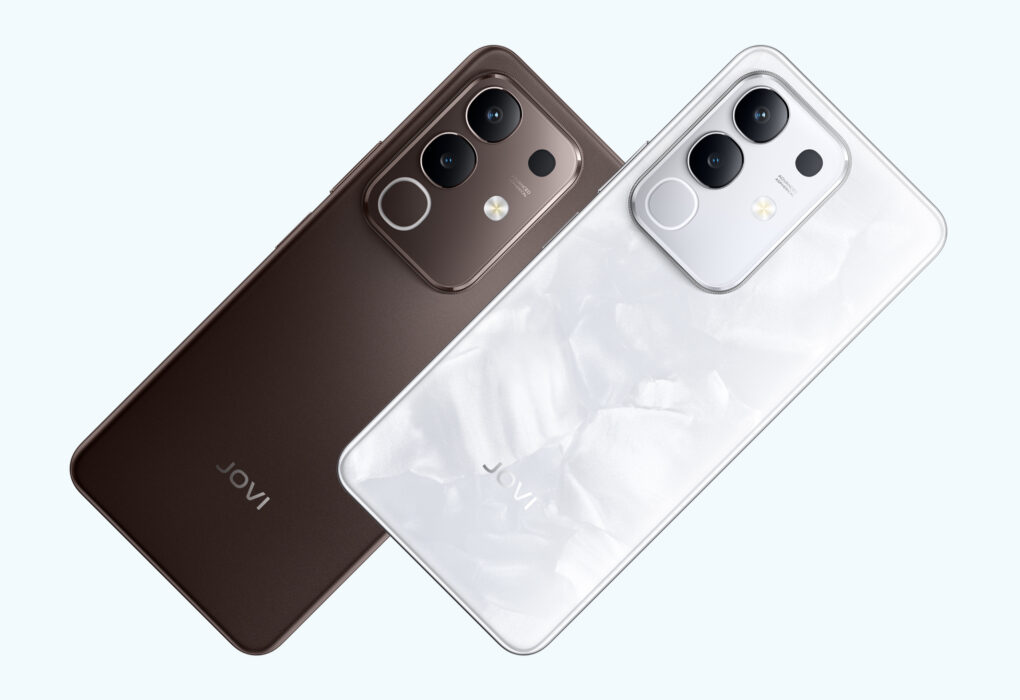Dois smartphones JOVI Y29 em tons branco e marrom com módulos de câmera duplos, exibindo design moderno e acabamento premium.