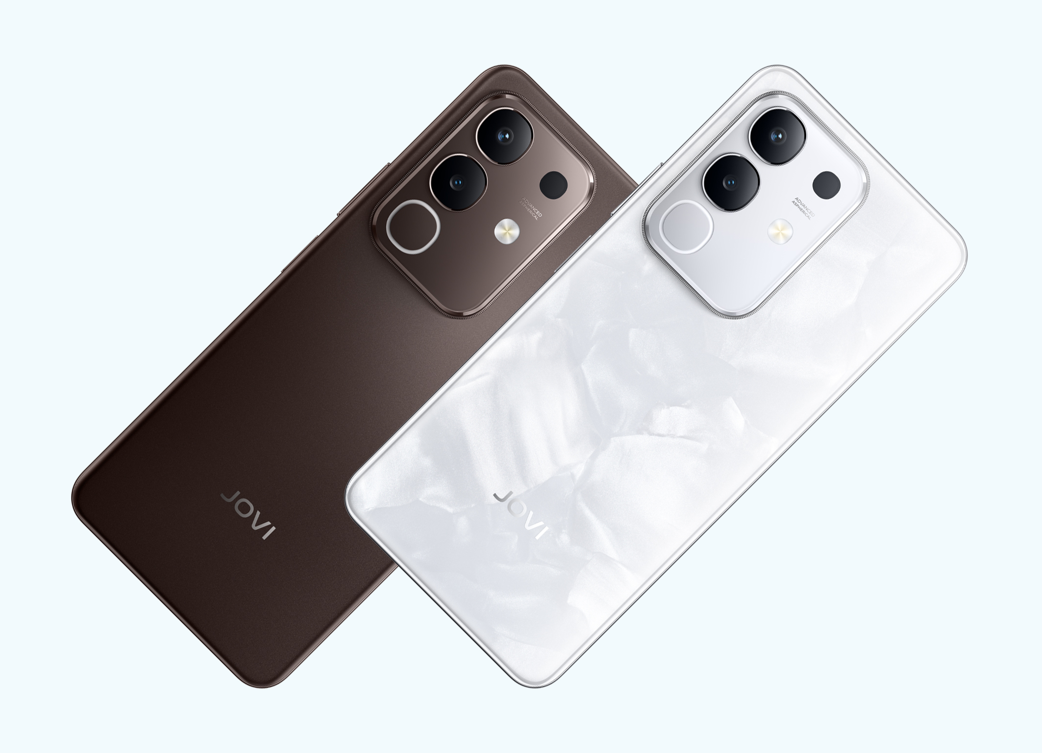 Dois smartphones JOVI Y29 em tons branco e marrom com módulos de câmera duplos, exibindo design moderno e acabamento premium.