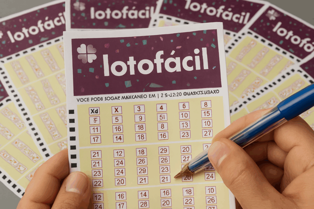 mãos segurando uma caneta e marcando no volante da lotofácil