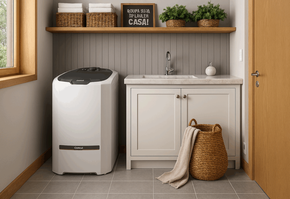 Lavanderia moderna com pia embutida, armário branco sob a bancada e máquina de lavar ao lado.