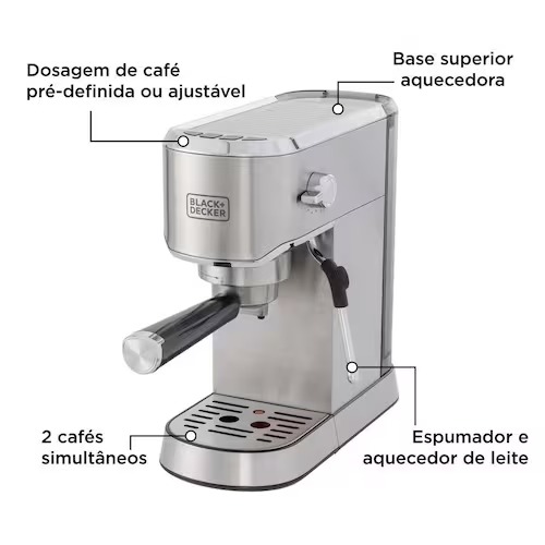imagem com informações da Cafeteira Espresso Black+Decker CEA1200G Gourmand Gris