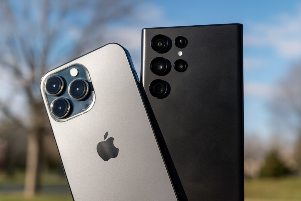 Dois smartphones topo de linha — um iPhone e um Samsung Galaxy S — são exibidos lado a lado ao ar livre, com fundo urbano desfocado e céu azul suave.