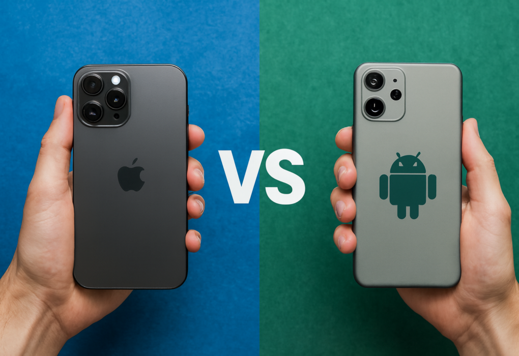Comparação visual entre iPhone e Android com fundo azul e verde, mãos segurando os celulares e "VS" centralizado.