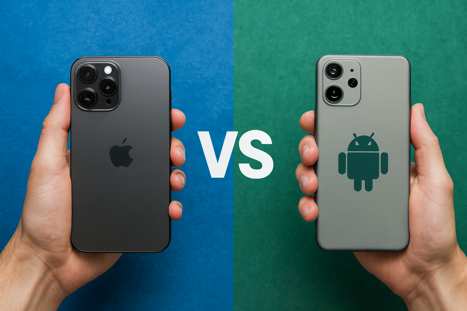 Comparação visual entre iPhone e Android com fundo azul e verde, mãos segurando os celulares e "VS" centralizado.