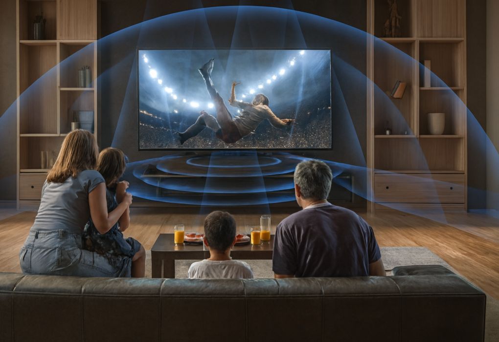 Ondas sonoras azuis emanam da TV, formando arcos sobre a família, sugerindo um sistema de áudio espacial avançado.