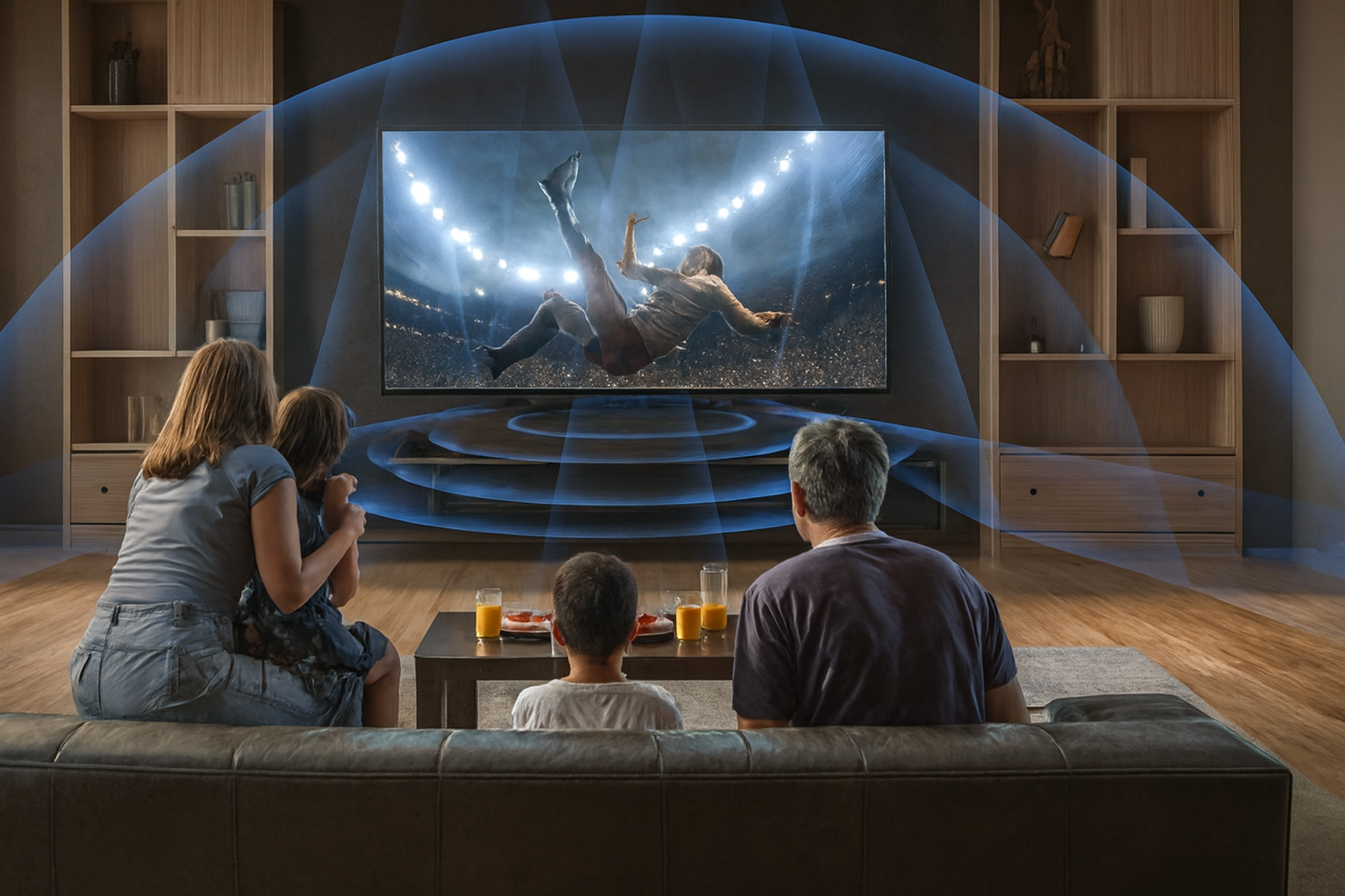 Ondas sonoras azuis emanam da TV, formando arcos sobre a família, sugerindo um sistema de áudio espacial avançado.