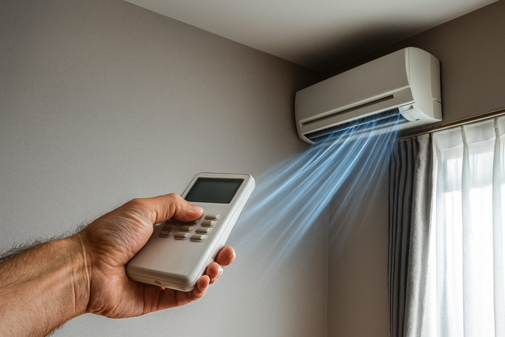 Pessoa usando controle remoto para ligar ar-condicionado na parede, com jato de ar azul visível; cortina branca e parede clara em destaque.