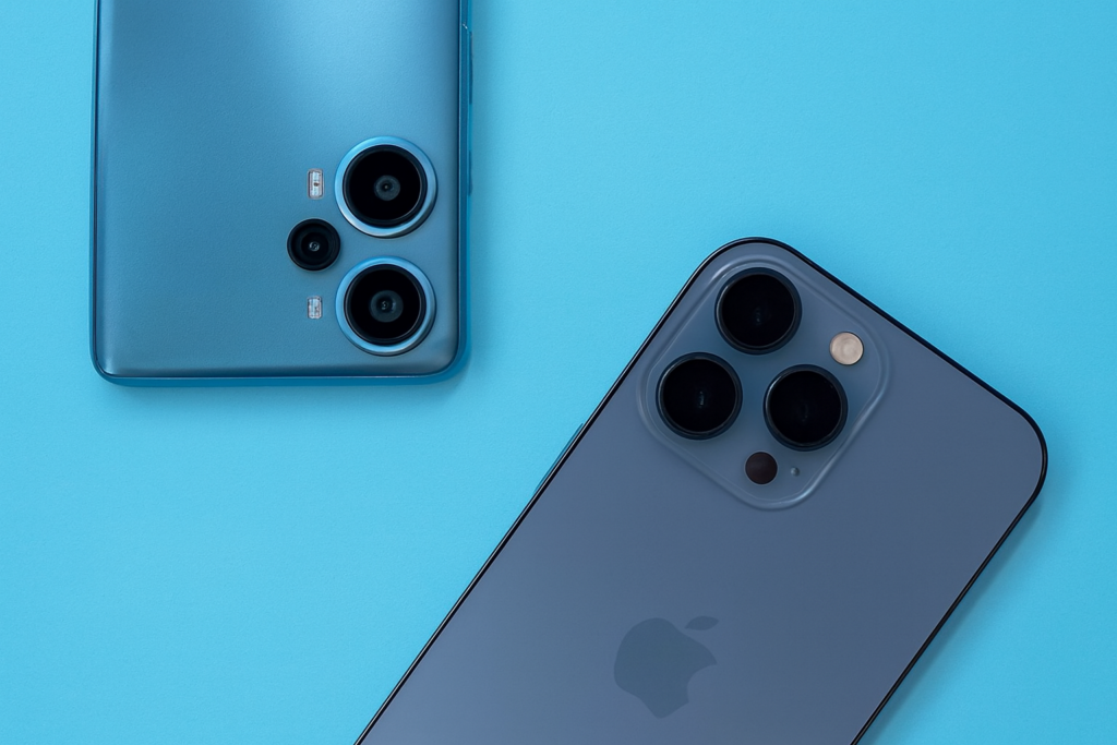 Dois smartphones sobre fundo azul: um Android com duas câmeras, outro iPhone com três câmeras em formato triangular.