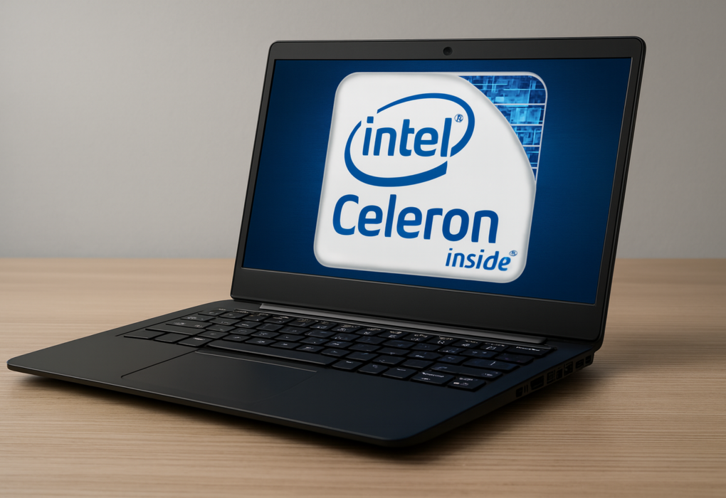 Notebook moderno em perfil, tela aberta exibindo “logo Intel Celeron” sobre fundo azul, sobre mesa de madeira clara.