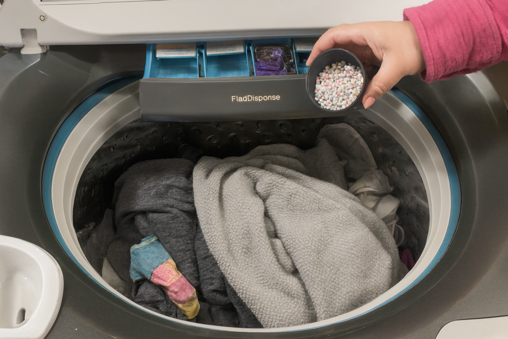 Máquina de lavar moderna com roupas coloridas no tambor e mão adicionando esferas aromatizantes no ciclo.