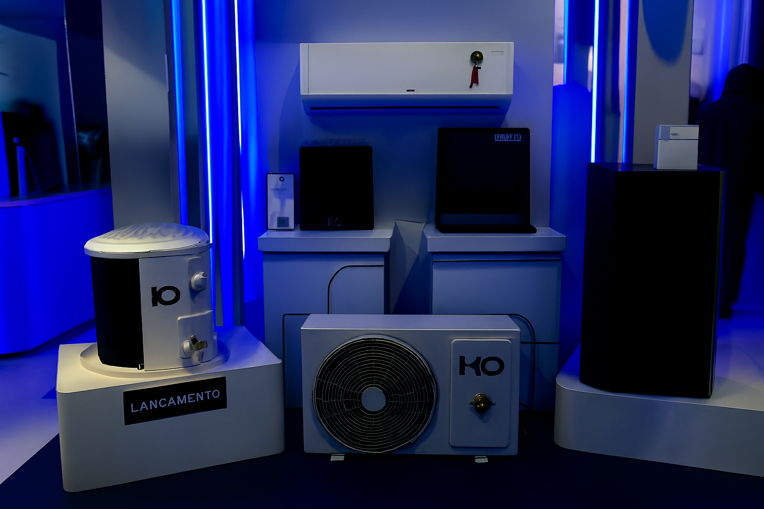 Exposição de aparelhos HQ com iluminação azul e design moderno, sem texto visível.