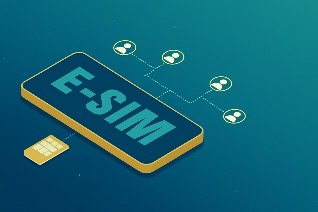 Smartphone com texto “E-SIM” ao centro, chip SIM ao lado e ícones de usuários conectados por linhas pontilhadas sobre fundo azul petróleo.