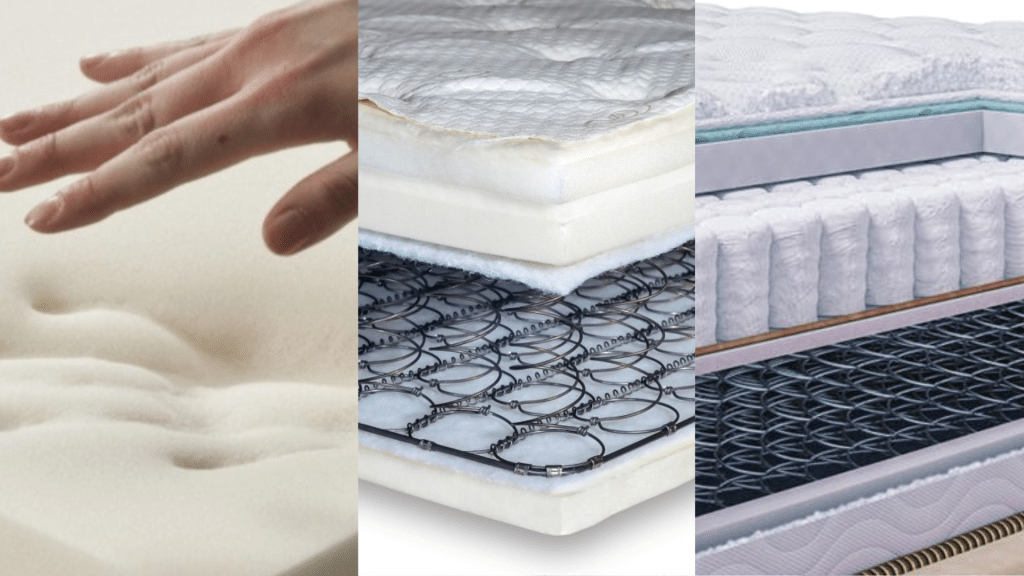 A imagem apresenta três tipos distintos de colchões, evidenciando suas estruturas internas e características funcionais.