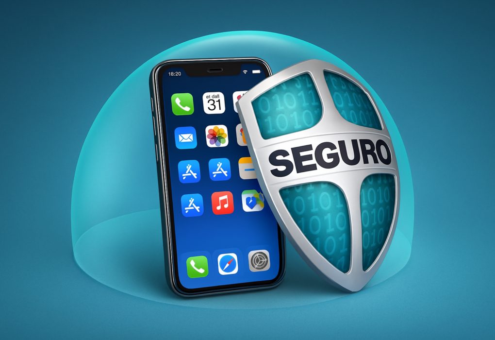 A imagem apresenta um smartphone moderno com a tela ligada, exibindo ícones de aplicativos há um escudo metálico tridimensional com a palavra “SEGURO”