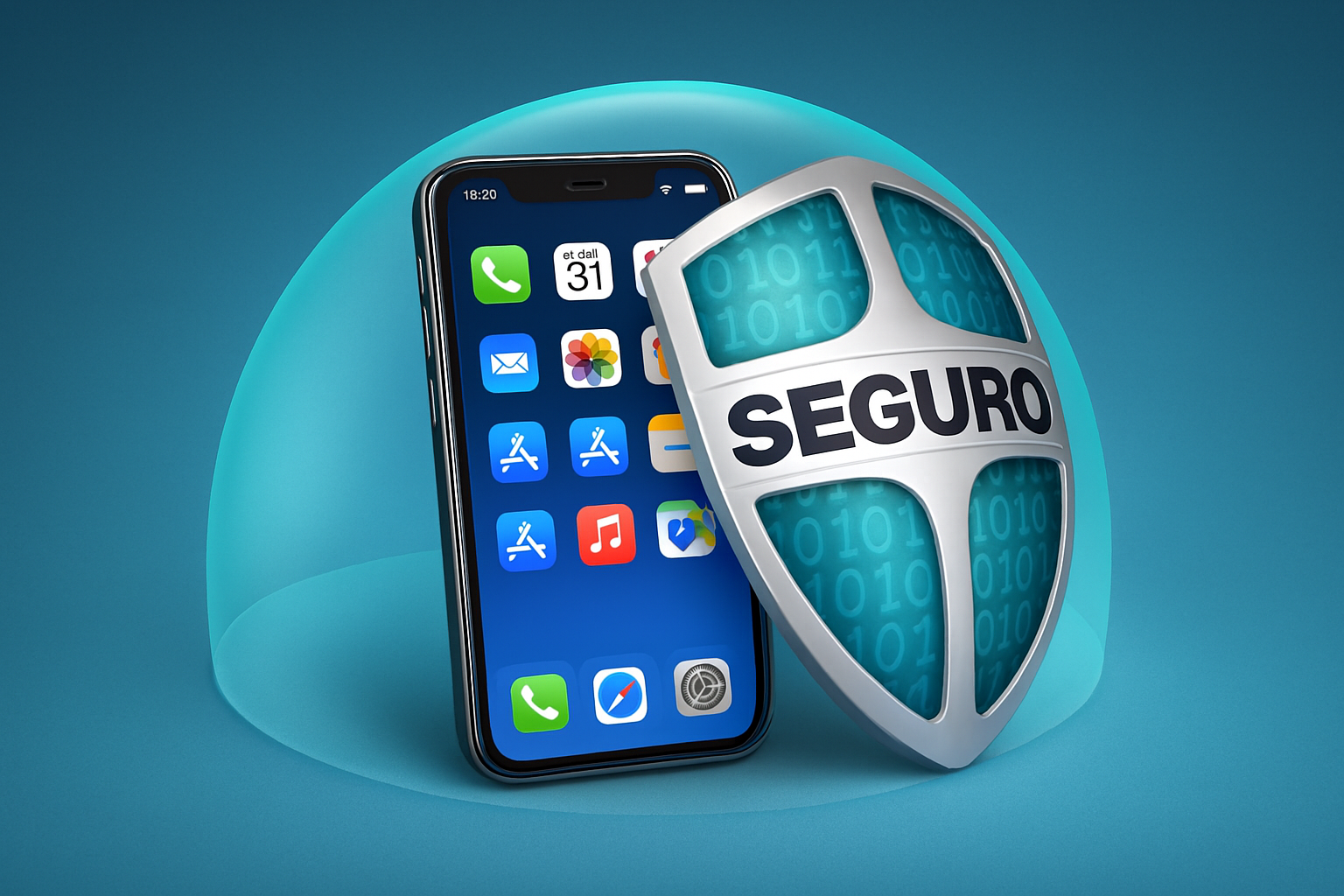 A imagem apresenta um smartphone moderno com a tela ligada, exibindo ícones de aplicativos há um escudo metálico tridimensional com a palavra “SEGURO”
