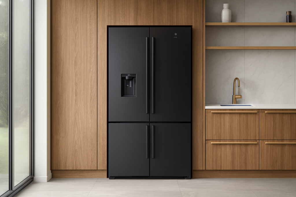 Cenário elegante, geladeira Electrolux Black Inox Look em destaque, ambiente sofisticado.