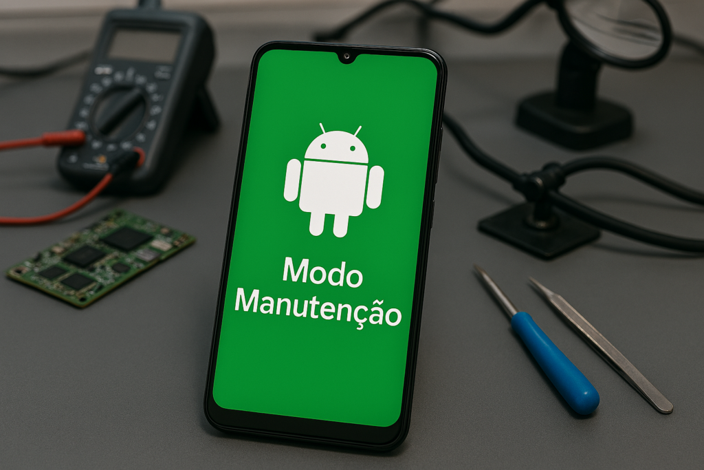 Celular em modo paisagem sobre a bancada da assistência técnica, com tela verde exibindo o texto “Modo Manutenção” e o ícone do Android, cercado por ferramentas eletrônicas.