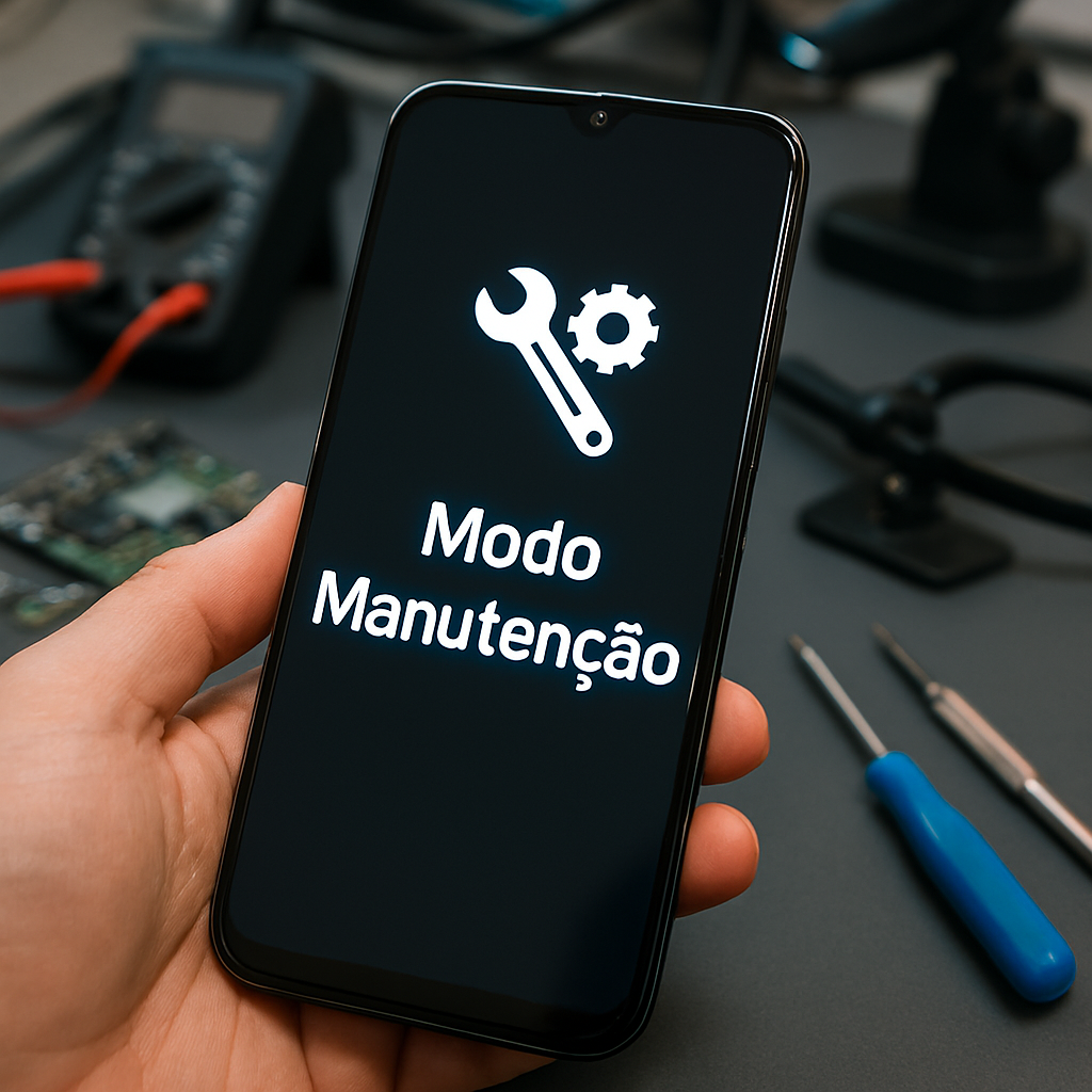 mão masculina segurando celular ligado sobre mesa de assistencia tecnica com mensagem "Modo Manutenção" escrito na tela preta