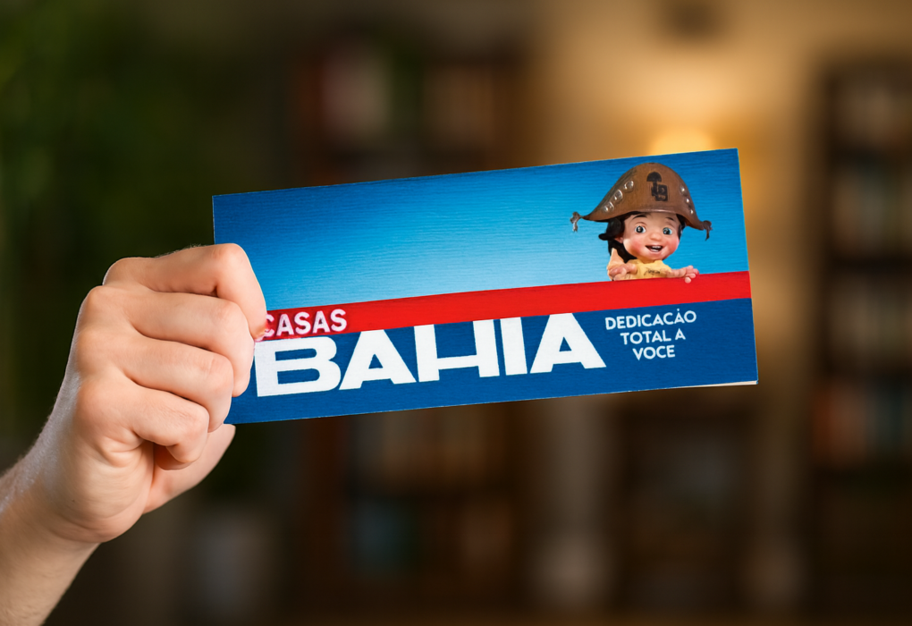 Imagem de um carnê da Casas Bahia, com fundo moderno em gradiente azul e vermelho e mascote baianinho sorridente com chapéu nordestino.